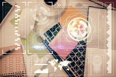 Bilgisayarlı çalışma masası arkaplanı üzerinden veri hologramına çifte maruz kalma. Ai kavramı. Üst görünüm.