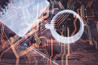 Teknoloji çizimi ve çalışma masası üst veiw çift pozlama. Yüksek teknoloji kavramı.