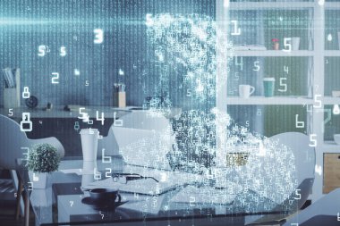 Veri teması çizimi ve ofis içi arka planına çifte maruz kalma. Teknoloji kavramı.