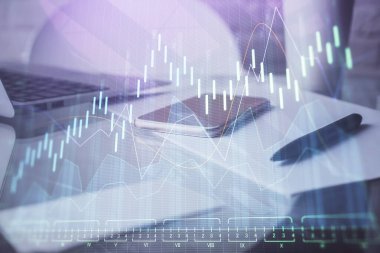 Ön x grafik çizimi ve cep telefonu arkaplanı çift pozlama. Mali veri analizi kavramı