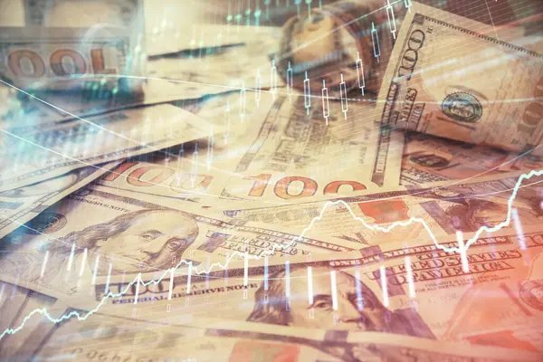 ドル紙幣の背景に描かれた外国為替チャートの複数の露出 金融成功市場の概念 — ストック写真