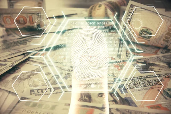 Double Exposure Finger Print Scan Drawing Usa Dollars Bill Background — Stock Photo, Image