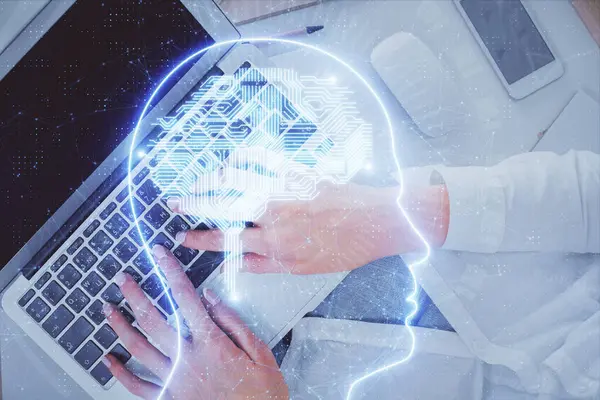 Double Exposure Woman Working Computer Andhuman Brain Hologram Drawing Top — Stock Photo, Image