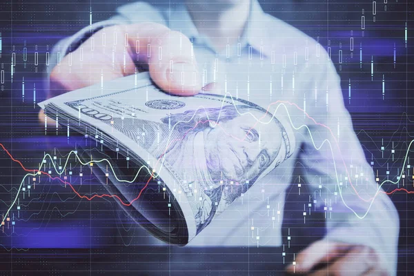 Multi Blootstelling Van Financiële Grafiek Tekenen Hologram Amerikaanse Dollars Rekeningen — Stockfoto