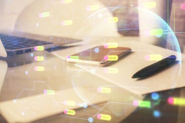 Veri teması çizimi ve cep telefonu arkaplanı çift pozlama. Yenilik kavramı