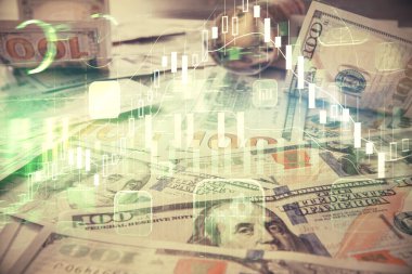 Forx grafiğinin çok sayıda görüntüsü bize dolar banknotları arka planında görünüyor. Finansal başarı piyasası kavramı.