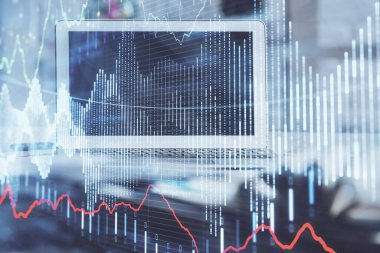 Eski pazar grafiği hologramı ve kişisel bilgisayar geçmişi. Çoklu maruz kalma. Yatırım kavramı.