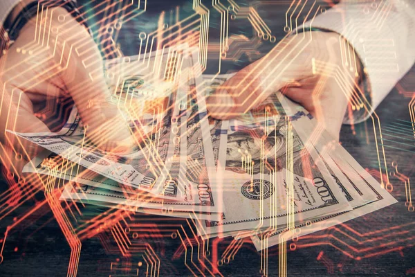 Multiexposure Van Tech Tekening Hologram Amerikaanse Dollars Biljetten Mannenhanden Technologieconcept — Stockfoto