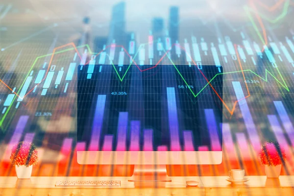 Hologramm Des Devisenmarktdiagramms Und Hintergrund Des Pcs Mehrfachbelichtung Investitionskonzept — Stockfoto
