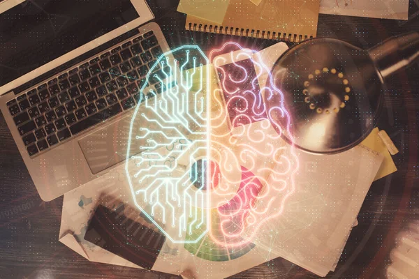 Double Exposure Brain Drawing Hologram Topview Work Table Background Computer — Stock Photo, Image