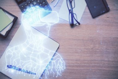 AR gözlükleri çizimi ve çalışma masası örtüsü. Sanal gerçeklik kavramı.