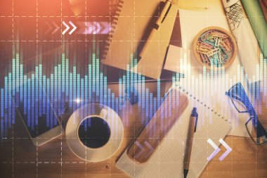 Ön x grafik çizimi ve çalışma masası üst veiw çift pozlama. Mali analiz kavramı.