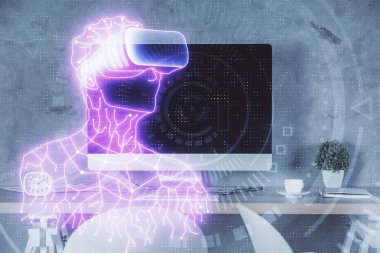 Sanal gerçeklik gözlüklü, çizim yapan ve ofisin arka planında olan bir adamın çifte görüntüsü. AR kavramı.