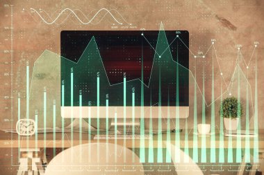 Finansal grafik çizimi ve ofis içi arka planının çoklu pozu. Pazar analizi kavramı.