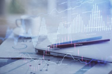 Bilgisayar geçmişi olan eski grafik hologramı. Çifte maruziyet. Finans piyasası kavramı.