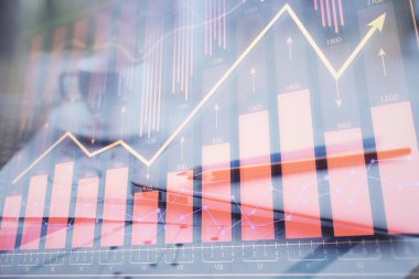 Bilgisayar geçmişi olan eski grafik hologramı. Çifte maruziyet. Finans piyasası kavramı.