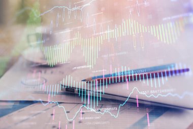 Bilgisayar geçmişi olan eski grafik hologramı. Çifte maruziyet. Finans piyasası kavramı.