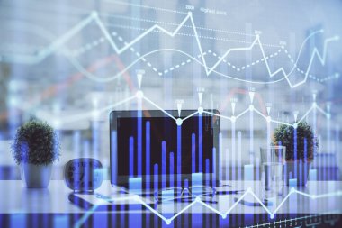 Bilgisayar geçmişi olan eski grafik hologramı. Çoklu maruz kalma. Finans piyasası kavramı.