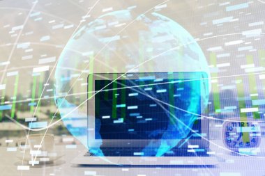 İş teması simgelerinin çifte pozlandırılması ve bilgisayar geçmişi olan çalışma alanı. Başarı kavramı.