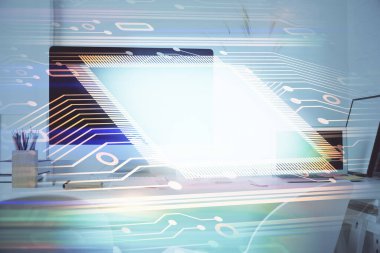 Arka planda kişisel bilgisayarı ve teknik tema çizimi olan iki kat masaüstü görüntüsü. Büyük Veri Kavramı.