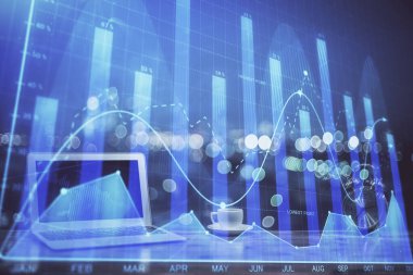 Bilgisayar geçmişi olan eski grafik hologramı. Çoklu maruz kalma. Finans piyasası kavramı.