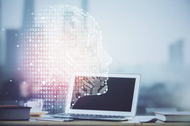 Bilgisayar ve beyin çizimi hologramıyla çalışma masasına çift pozlama. Beyin fırtınası konsepti.