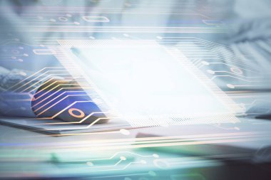 Veri teknolojisi hologramıyla arka planda el yazısına çoklu maruz kalma. Yenilik kavramı.