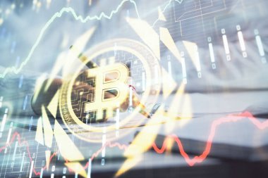 Kripto para hologramı kadının ellerinin üzerinde arka plan yazıyor. Blockchain kavramı. Çift pozlama