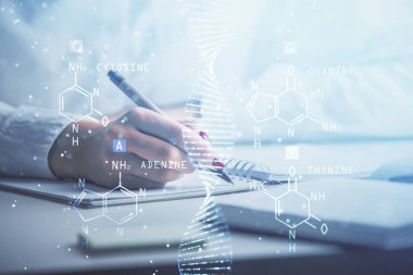 DNA temalı hologram, arka plan yazan kadınların ellerinde. Eğitim kavramı. Çift pozlama