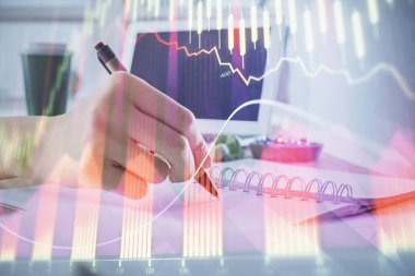 Finansal Forex grafiği el notları arka plan alarak çizilmiş. Araştırma kavramı. Çoklu pozlama