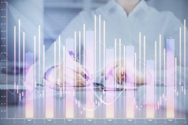 Finansal grafik el notları arka plan alarak üzerinde çizilmiş. Araştırma kavramı. Çoklu pozlama