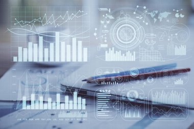 Bilgisayar geçmişi olan eski grafik hologramı. Çifte maruziyet. Finans piyasası kavramı.