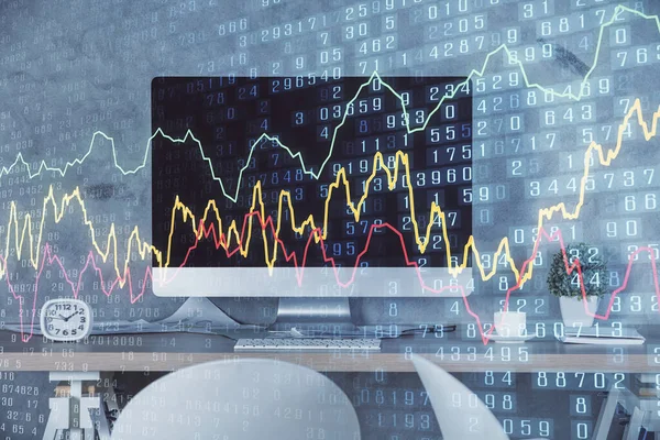 Finansal grafik çizimi ve ofis içi arka planının çoklu pozu. Pazar analizi kavramı.