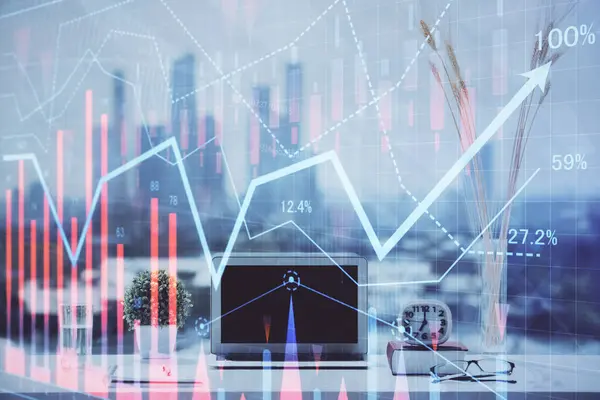 Forex Chart Hologram Table Computer Background Multi Exposure Concept Financial — Stock Photo, Image