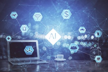 Bilgisayarın arka plan ve teknoloji temalı çizimlerine çoklu maruz kalma. Yenilik kavramı.