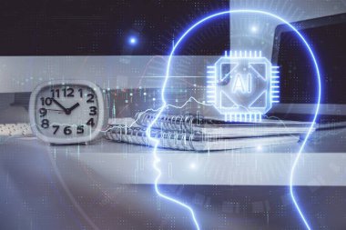 Bilgisayar ve beyin hologramıyla iki kat maruz kalmışlar. Veri yeniliği kavramı.