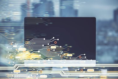 Teknoloji temalı çizim ve bilgisayarla çalışma alanı. Çoklu maruz kalma. Yenilik kavramı.