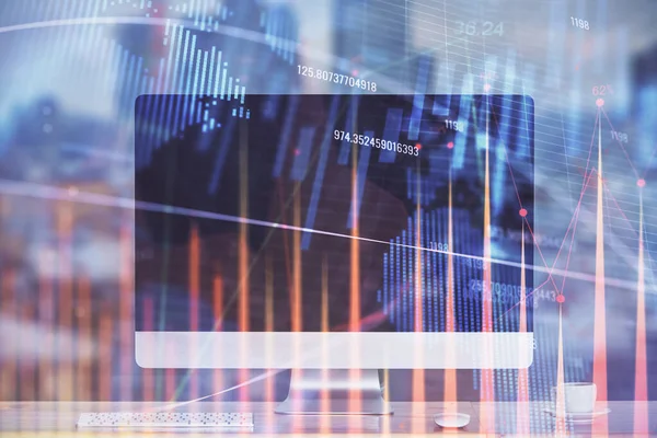 Stock Market Graph Background Desk Personal Computer Multi Exposure Concept — Stock Photo, Image