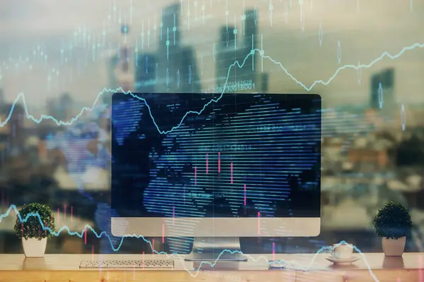 Stock Market Graph Background Desk Personal Computer Multi Exposure Concept — Stock Photo, Image