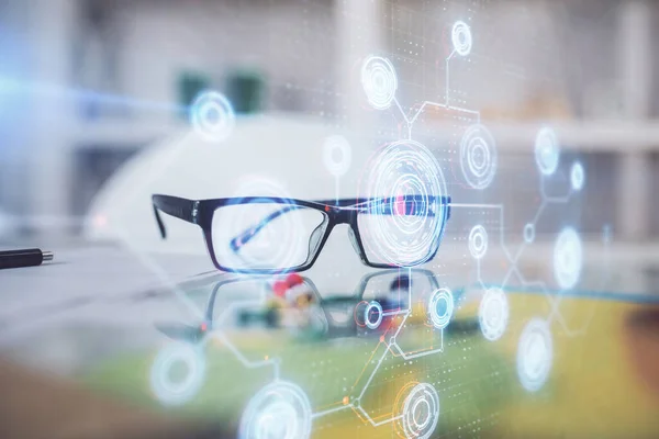 Data Tech Hologram Glasses Table Background Concept Technology Double Exposure — Stock Photo, Image