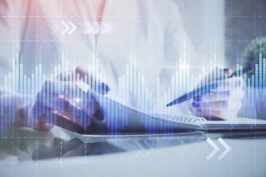 Finansal grafik el notları arka plan alarak üzerinde çizilmiş. Araştırma kavramı. Çoklu pozlama