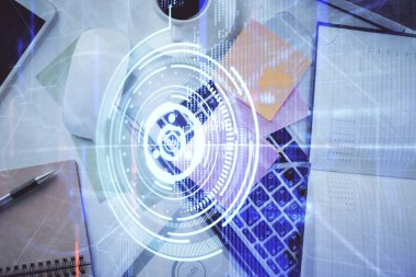 Bilgisayarlı çalışma masası arkaplanı üzerinden veri hologramına çifte maruz kalma. Ai kavramı. Üst görünüm.