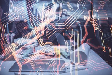 Teknoloji temalı çizimlere ve ofis içi arka planına çifte maruz kalma. Teknoloji konsepti.