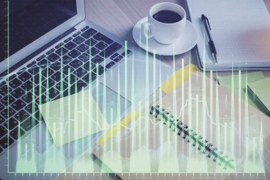 Önx grafik çizimi ve masaüstü ile kahve ve masa arkasındaki öğelerin çoklu pozlandırılması. Finansal piyasa ticareti kavramı