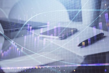 Ön x grafik çizimi ve cep telefonu arkaplanı çift pozlama. Mali veri analizi kavramı