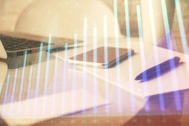 Ön x grafik çizimi ve cep telefonu arkaplanı çift pozlama. Mali veri analizi kavramı