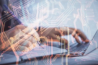 Bilgisayar ve teknoloji temalı çizimlerde kadın elinin çifte pozlanması. Yüksek Teknoloji kavramı.