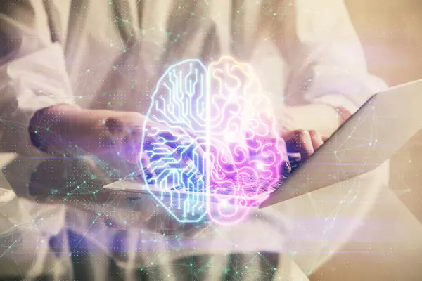 Dubbel Exponering Kvinnliga Händer Som Arbetar Dator Och Hjärna Hologram — Stockfoto