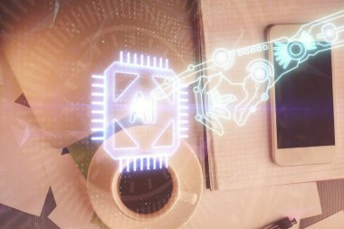 Çalışma masasının üzerine teknoloji teması çizimi çifte pozlama. Üst Manzara. Küresel veri analiz kavramı.