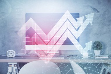 Büyüyen oklar ve ofisin arka planında çift pozlama. Büyüme Konsepti.